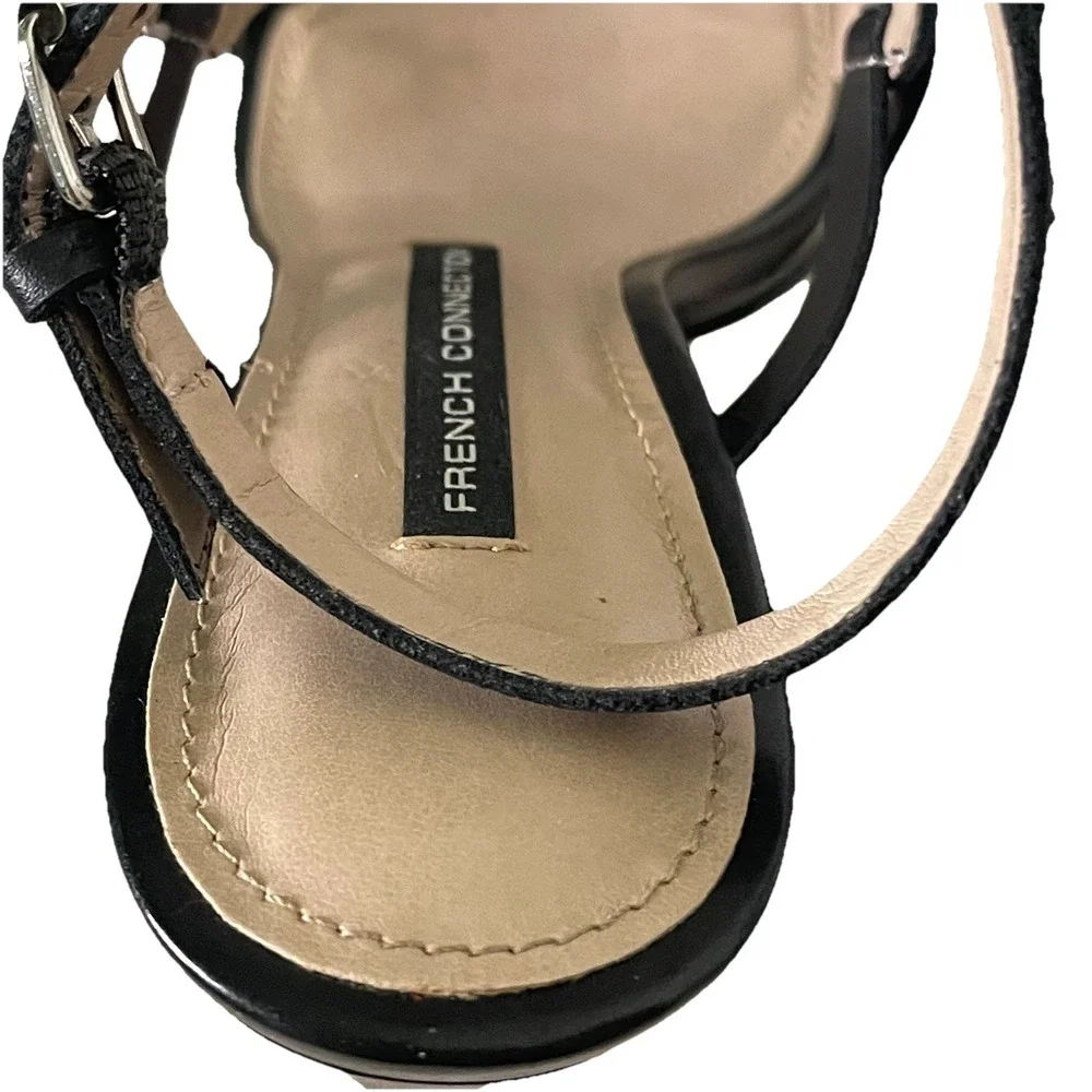 French Connection Linny‎ Ankle Strap Sandals Black White Stiletto Heel 3.75